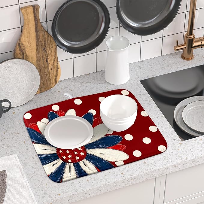 Patriotic Dish Drying Mat 16 x18 In Red and Blue Daisy Microfiber Kitchen Draining Mat for Countertops