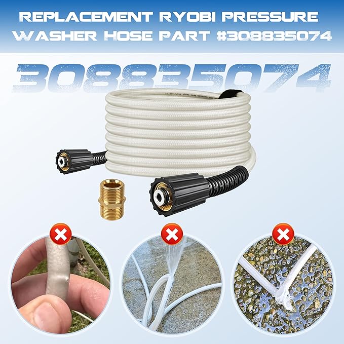 25FT Pressure Washer Hose for Ryobi Power Washer Hose | Replacement Part 308835074 for Ryobi Electric Power Washers RY141600 RY141612 RY141812G With M22 Quick Connector