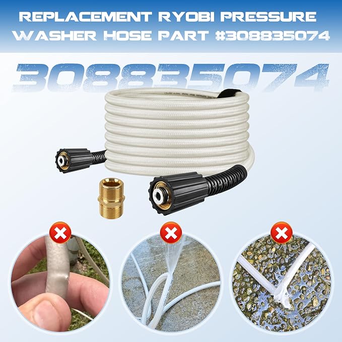 50FT Pressure Washer Hose for Ryobi Power Washer Hose | Replacement Part 308835074 for Ryobi Electric Power Washers RY141600 RY141612 RY141812G With M22 Quick Connector