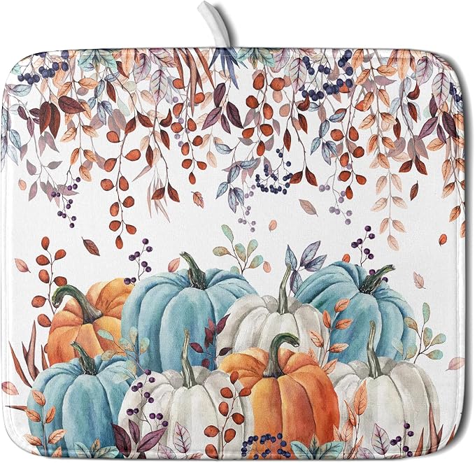 Giwawa Fall Orange Pumpkin Dish Drying Mat Eucalyptus Leaves Drainer Rack Pad 16"x18" Microfiber Quick Dry Dish Sink Mat for Kitchen Counter Decor