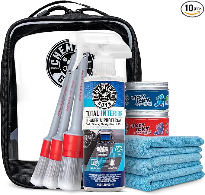 Chemical Guys, 10-Piece Interior Cleaning Kit, Cleaner, Brushes, Gel & Bag | Reaches vents, seams and screens most sprays miss, a complete set to detail every surface, and a solid gift