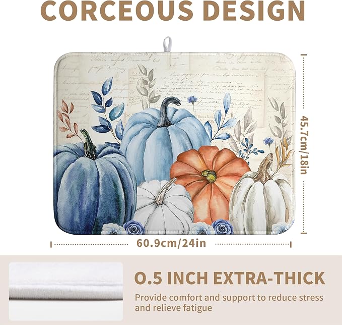 Fall Blue White Pumpkin Dish Drying Mats Thanksgiving Leaves Dish Mat Drying Matt Autumn Floral Dishes Dryer Pad for Kitchen Counter Absorbent Microfiber Washable Foldable Reusable 18x24 in