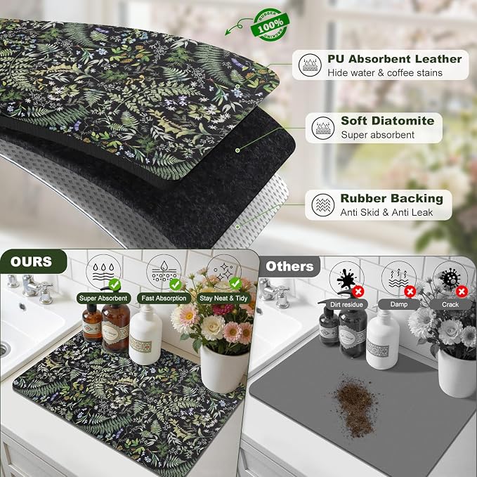 LOKHOM Dish Drying Mat for Kitchen Counter, 12"x20" Absorbent Coffee Bar Mat with Vintage Botanic Fern Leaves, Sage Green Plant Dish Drainer Rack Mat for Kitchen Counter