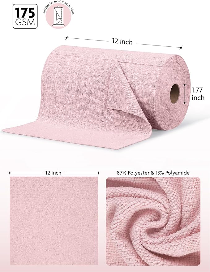 Fantasticlean Microfiber Cleaning Cloth Rolls- 150 Sheets (2 Rolls of Pink) | 12'' by 12'', Super Absorbent, Lint-free, Tear-away Microfiber Towel Roll, for All-Purpose Cleaning