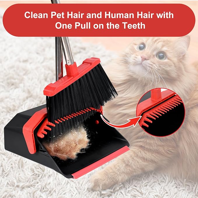 Broom and Dustpan Set for Home, 51" Long Handle Standing Dustpan Black Red | Self-Cleaning Dust Pan and Brooms, ZeroGap Lip, Upright Storage Broom Combo for Kitchen Lobby Office Restaurant Indoor