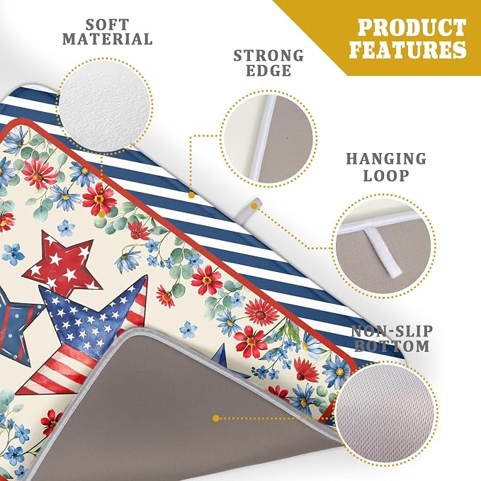 Patriotic Stars Dish Drying Mat for Kitchen Counter 4th of July Holiday Absorbent Reversible Microfiber Dish Pad Large