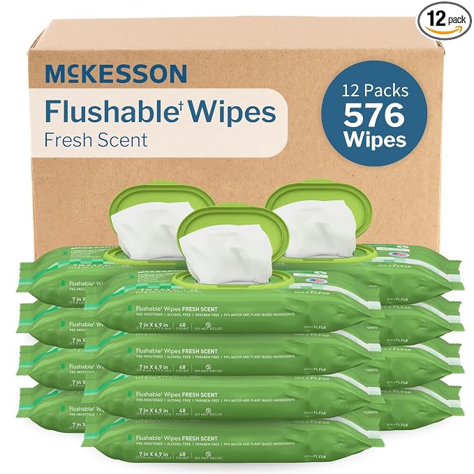 McKesson Flushable Adult Wet Wipes, Scented, 576 Wipes (12 Pack of 48) | Plant-Based Cleansing Wipes, Scented, Gentle on Skin, Plant-Based Adult Cleansing Wipes