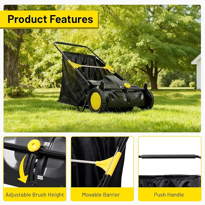 26 Inch Push Lawn Sweeper, Hand Powered Leaf & Grass Sweeper with 7 Cu Ft Hopper, 4 High-Speed Brushes, Height Adjustable, ABS & Steel Frame for Yard Lawn Cleanup (Black, 21 Inch)