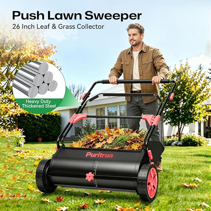 Push Lawn Sweeper, 26 Inch Leaf & Grass Collector, Strong Rubber Wheels & Heavy Duty Thickened Steel Durable to Use with Large Capacity 7 ft³ Mesh Collection Bag, 4 Spinning Brushes