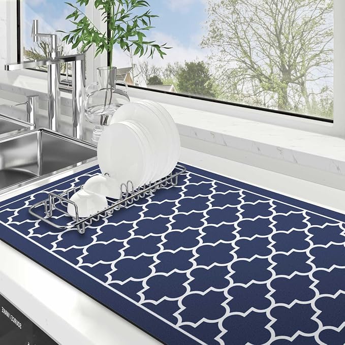 WISELIFE Dish Drying Mat Super Absorbent Drying Mat Large Dish Drying Mats for Kitchen Counter Easy Clean Dish Mat Kitchen Drying Mat18"x 36" Stylish Blue