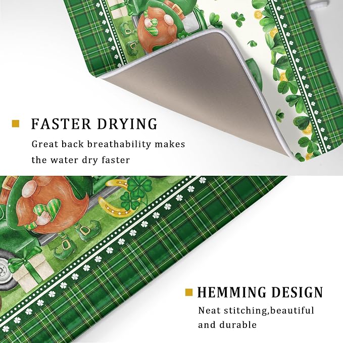 Shamrock Truck Dish Drying Mat Buffalo Check Dish Drainer Mat 18x24 inch Reversible Microfiber Quick Dry Rack Pad for Kitchen Counter Sink
