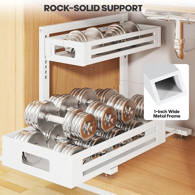 2 Pack 17IN-Depth Under Sink Organizer,Pull Out Cabinet Organizer With Smooth Cylindrical Rail,Metal Slide Out Drawer for Kitchen Bathroom Laundry,8-Level Tool Free Height Adjustable-White