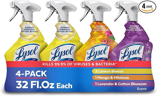 Lysol All Purpose Cleaner Spray, Multi-Purpose Disinfecting Spray, Kitchen & Bathroom Cleaner, Lemon Breeze, Lavender, & Mango Scents, 32oz (Pack of 4)