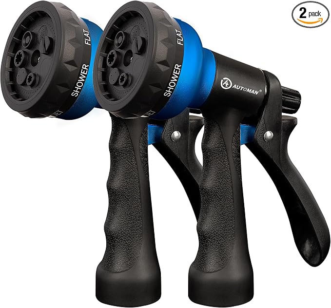 AUTOMAN-Garden-Hose-Nozzle, 2 Pack ABS Water Spray Nozzle with Heavy Duty 7 Adjustable Watering Patterns,Slip Resistant for Watering Plants,Lawn& Garden,Washing Cars,Cleaning,Showering Pets - Blue