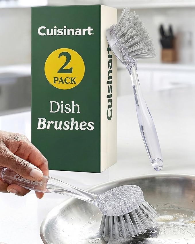 Cuisinart Dish Brush with Handle, 2 Pack, Firm Bristles | Multi-purpose dish scrubber for plates, pots, and pans, deep cleaning removes grease, safe for nonstick, round head