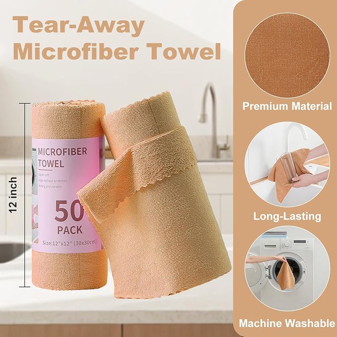 Jessy Home 2 Roll Reusable Paper Towels,100 Sheets Tear Away Microfiber Cleaning Cloth, Lint Free Cleaning Rags for Kitchen, Dishcloth,Household Cleaning Supplies