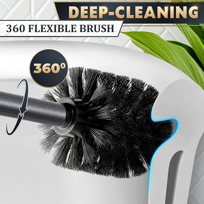 Graphite Metallic Stainless Steel Toilet Brush and Holder Set | Toilet Bowl Brush and Holder with Splash Cover, Sturdy Bristles, Corrosion & Scratch Resistant, Elegant Design