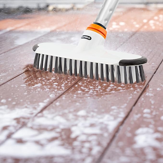 Superio Deck Scrub Brush with Long Handle, Heavy Duty Stiff Bristles Grout Scrubber with Scraper - Cleans Hot Tub, Swimming Pool, Granite Tiles, Bathroom, Patio, Kitchen, Wall and Deck (3 Part Handle)