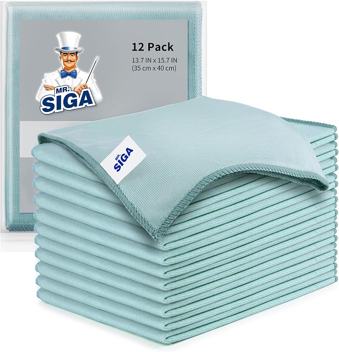 MR.SIGA Ultra Fine Microfiber Cloths for Glass, Pack of 12, 35 x 40cm 13.7" x 15.7" | Lint free window cleaning cloths, ultra fine microfiber polishing cloths, 35 x 40 cm(13.8 x 15.7 inch)