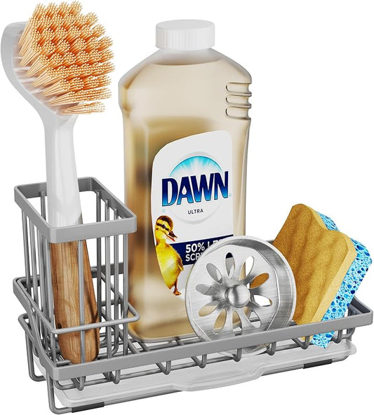 SWTYMIKI Sink Caddy Sponge Holder - Kitchen Sink Organizer with High Brush Holder for Countertop to Hold Dish Soaps and Sponges, Stainless Steel, Gray