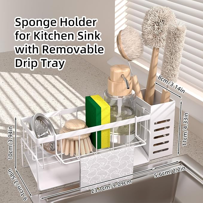 Kitchen Sink Caddy Organizer,Stainless Steel Sponge Holder with Dish Brush Holder,Soap Caddy for Countertop,Kitchen Sink Organizer Countertop Sink Accessories,Cleaning Caddy