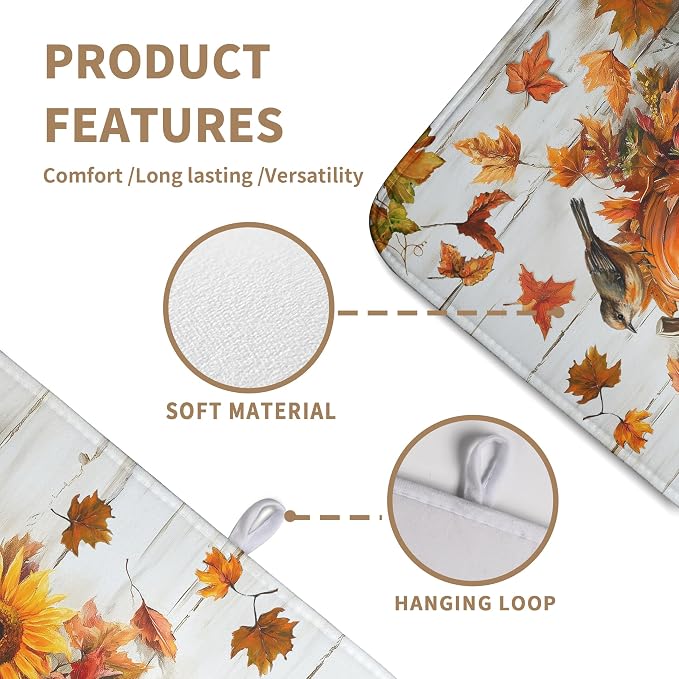 Fall Dish Drying Mat for Kitchen Counter Pumpkin Sunflower Maple Leaf Birds Drying Mats Autumn Thanksgiving Harvest Dish Drainer Mat Absorbent Microfiber Dishes Pad Large 18x24 Inch