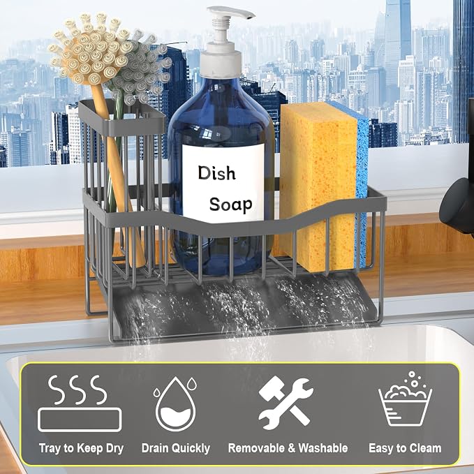 Fssvcd Maifan Sink Caddy Sponge Holder for Kitchen with Brush Holder and Stainless Steel Self Drain Tray, Rustproof Kitchen Sink Organizer for Sponge, Soap Dispenser Storage Accessories Dark Gray