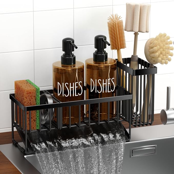 MASADI Kitchen Dish Soap Dispenser Set with Sponge Holder, 12OZ Glass Bottle, Hand and Dish Soap Dispenser Set, Non-Slip Silicone Pad, Brush Holder, Kitchen Sink Organizer Countertop (Black+Amber)