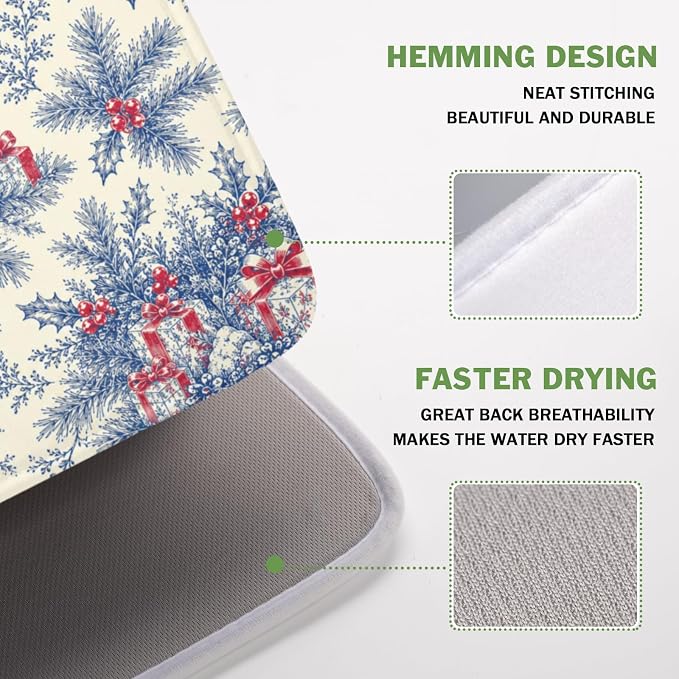 Christmas Santa Claus Dish Drying Mat for Kitchen Counter 16x18 Inch | Vintage Blue Chinoiserie Christmas Holly Leaves Dish Drainer Mat Rustic Xmas Holiday Absorbent Washable Drying Pad