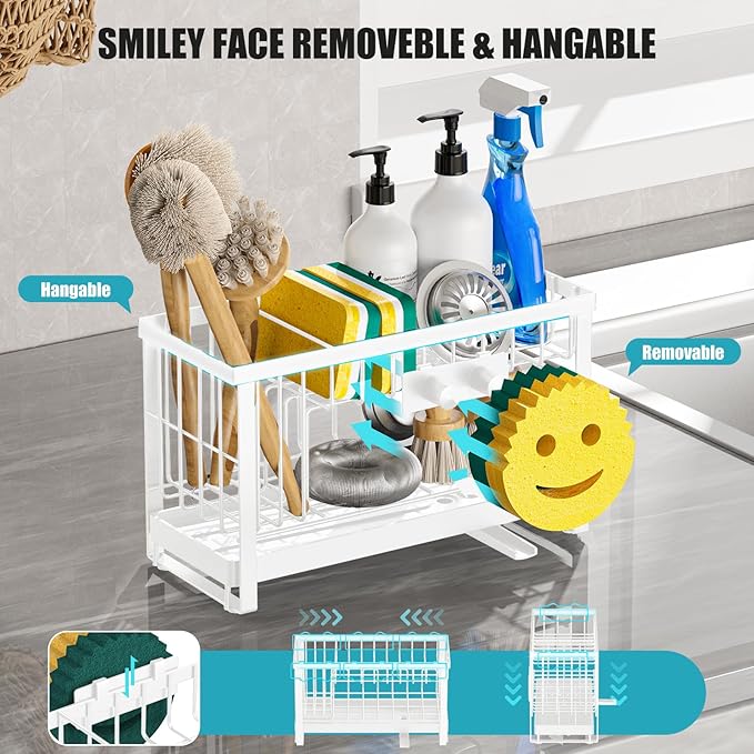 Sponge Holder for Kitchen Sink with Flexible Smiley Face, 2 Tier Kitchen Sink Organizer, Countertop and Storage Essentials, Soap Dispenser Organizer, Home Decor Accessories - White