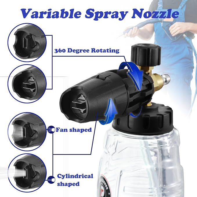 Tool Daily Pressure Washer Foam Cannon with Dual Connector, 1 Liter | Double Tip Attachment for Soap Cannon, 5 Power Washer Nozzle Tips, 1/4 Inch Quick Connect