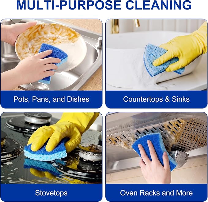 LILAC Non Scratch Sponges, 12 Count, Natural Cellulose Scrub Sponge for Dishes, Non Stick Cookware, Kitchen, Bathroom, Household (Blue)