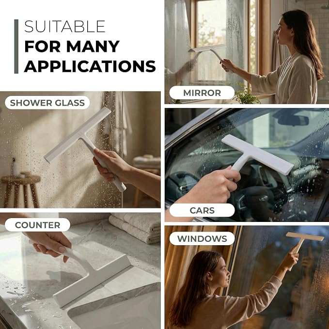 GÜTEWERK Silicone Shower Squeegee for Glass Doors & Mirrors with Stainless Steel Core, Streak-Free & No-Squeak Window Cleaning, 3-in-1 No-Drill Mount (Hook/Suction/Adhesive),White, 15 Inches