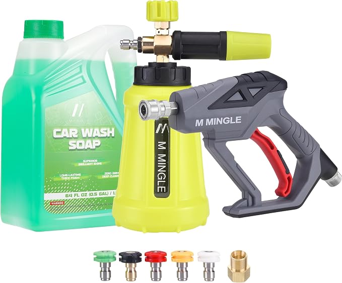 M MINGLE Pressure Washer Gun with Foam Cannon, 64 Fl Oz Car Wash Soap | 5 Power Washer Nozzle Tips, Adjustable Thick Foam, Car Wash Foam Gun for Car Washing, Patio Cleaning, 4000 PSI