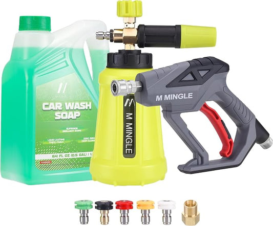 M MINGLE Pressure Washer Gun with Foam Cannon, 64 Fl Oz Car Wash Soap | 5 Power Washer Nozzle Tips, Adjustable Thick Foam, Car Wash Foam Gun for Car Washing, Patio Cleaning, 4000 PSI
