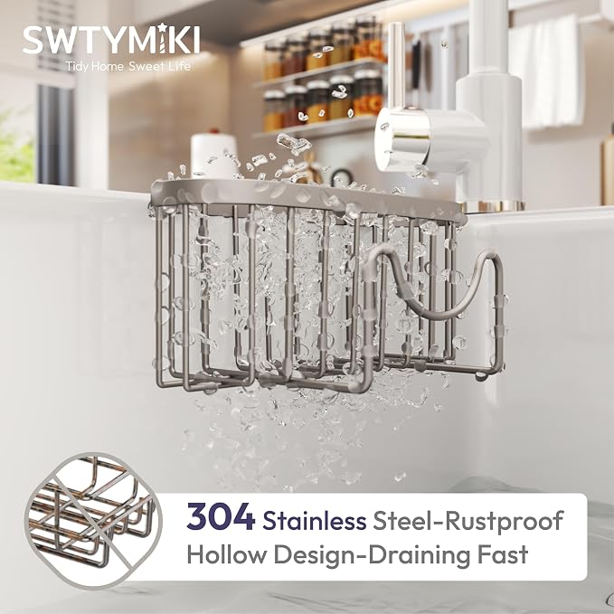 SWTYMIKI Sponge Holder for Kitchen Sink - Movable Kitchen Sink Caddy with M Shape Hook, Stainless Steel Hanging Sponge Caddy for Dish Sponge, Brush, Stopper Organizer in Double Sink, Sand Nickel