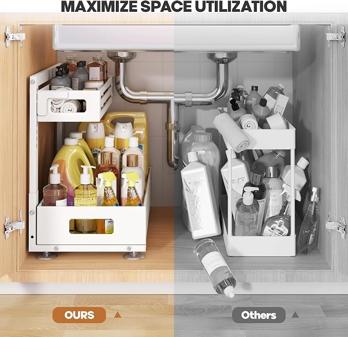 2 Pack 17IN-Depth Under Sink Organizer,Pull Out Cabinet Organizer With Smooth Cylindrical Rail,Metal Slide Out Drawer for Kitchen Bathroom Laundry,8-Level Tool Free Height Adjustable-White