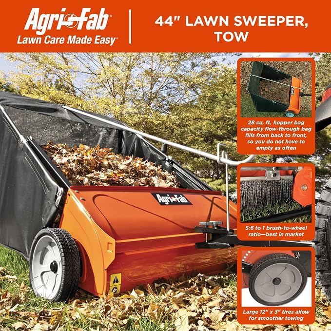 Agri-Fab 44 In Tow-Behind Lawn Sweeper with 28 Cu Ft Flow-Through Hopper Bag, Adjustable Brush Height, and Dump From Seat Handle