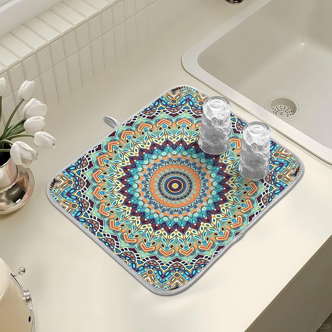 Bohemian Mandala Dish Drying Mat for Kitchen Counter Absorbent Microfiber Small Boho Ethnic Drying Pad Dish Mats for Kitchen Countertops 16 x 18 Inch