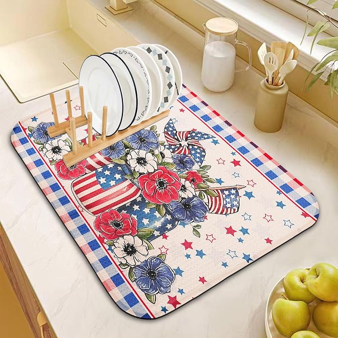 Dish Drying Mat for Kitchen Counter 18x24 Inch, Super Absorbent Dish Drainer Mat, Decorative Microfiber Dishes Drying Pad-Large(Flag and Star)