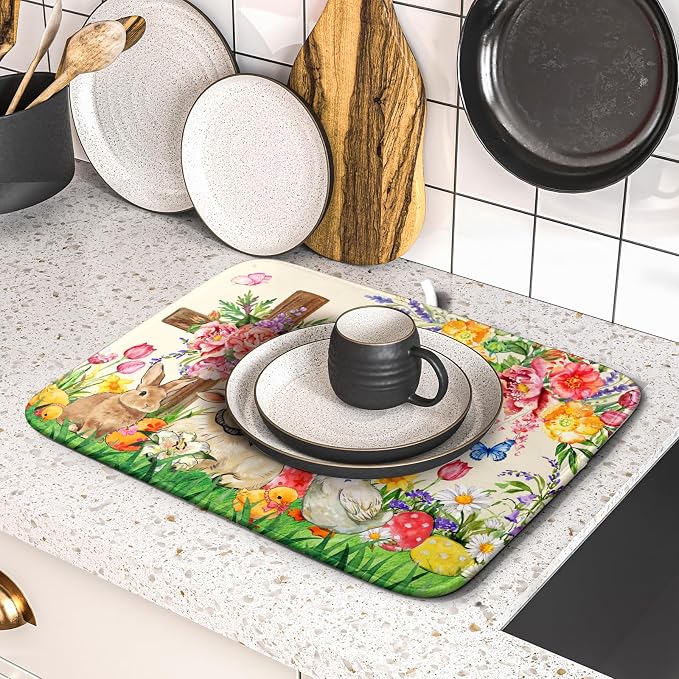 Easter Farmhouse Dish Drying Mat Funny Animal Dish Pad for Kitchen Counter Small 16 X 18