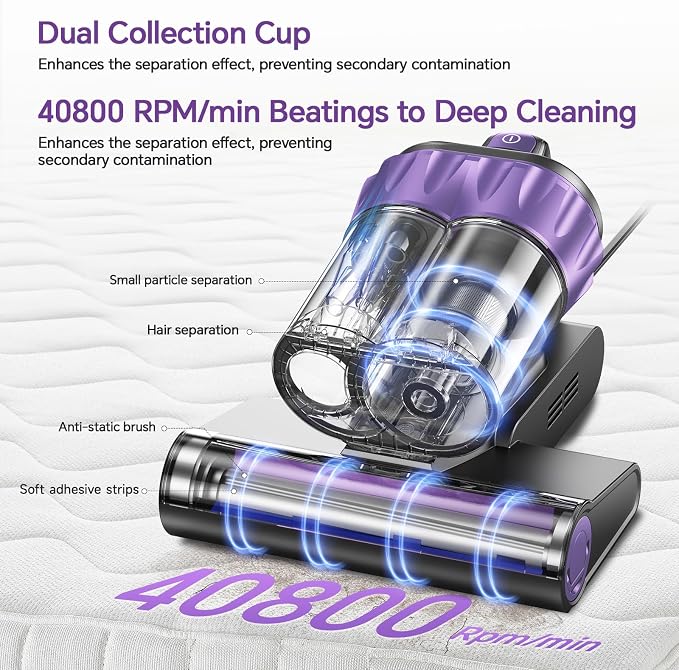 Bed Mattress Vacuum Cleaner - 20 kPa Suction,150°F Heat,Aroma,253.7nm UV-C | Smart Dust Sensor,40800RPM Roller Brush,Ultrasonic,500W Powerful Handheld,HEPA Filter,for Bed,Sofa,Couch