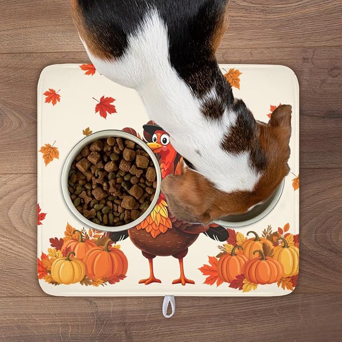 Thanksgiving Dish Drying Mat for Kitchen Counter Autumn Harvest Turkey Pumpkin Maple Leaves Microfiber Dish Drainer Mat Rustic Fall Holiday Absorbent Washable Drying Pad 16"x18"
