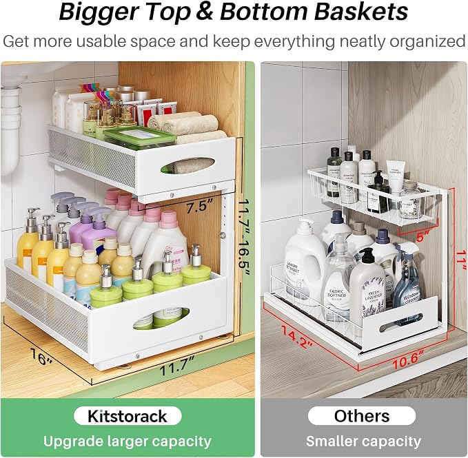 Under Sink Organizer, 2-Pack Pull Out Cabinet Organizer 2 Tier Metal Slide Out Storage Shelf Rack, L-Shaped Adjustable Height,Mesh Sliding Drawer for Kitchen, Bathroom, Laundry, Pantry, White, XL
