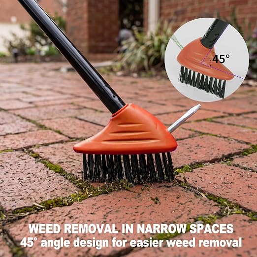 3 in 1 Scrub Brush with Long Handle – Your All-Purpose Deck Brush, Weeding Tool & Concrete Scrubber Tackle Patio Weeds, Floor Stains, Moss, and Rust with one Versatile Set. (Orange)