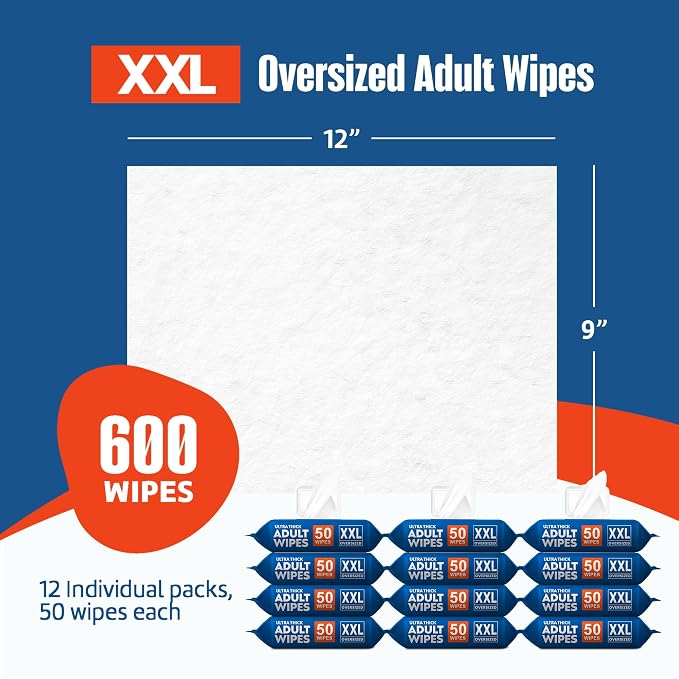 Adult Wipes for Elderly 12 Pack - Extra Large Extra Thick No-Rinse Bathing Wet Wipes for Adults - Incontinence Shower Alternative Disposable Washcloths - Fragrance-Free XXL