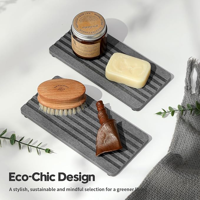 Razborci 2PCS Diatomite Quick Stone Drying Tray Mat For Bathroom & Kitchen Counter, Instant Dry Water Absorbent Drink Bar Coaster,Vanity Sink Caddy Organizer,Dish Soap Sponge Holders, Charcoal,8"x3.8"