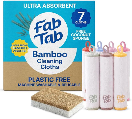 Fab Tab Viscose Made from Bamboo Cleaning Cloths Ultra Absorbent, Reusable Kitchen Cloths, Quick Drying, Non-Scratch, Includes Coconut Sponge, Multicolor, 7-Pack