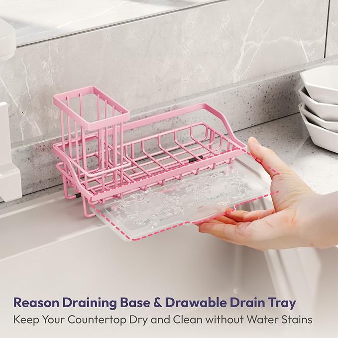 SWTYMIKI Sink Caddy Sponge Holder - Kitchen Sink Organizer with High Brush Holder for Countertop to Hold Dish Soaps and Sponges, Stainless Steel, Pink