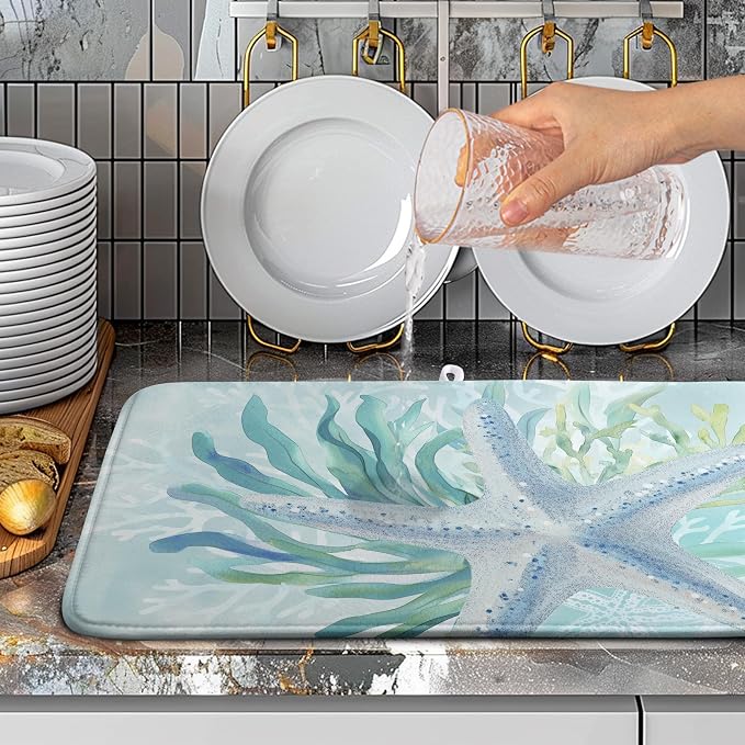 Summer Coastal Dish Drying Mats for Kitchen Counter Nautical Beach Starfish Coral Drying Pad Ocean Teal Blue Dish Draining Mats Absorbent Microfiber Dish Drainer Rack Mat Extra Large 18"x24"